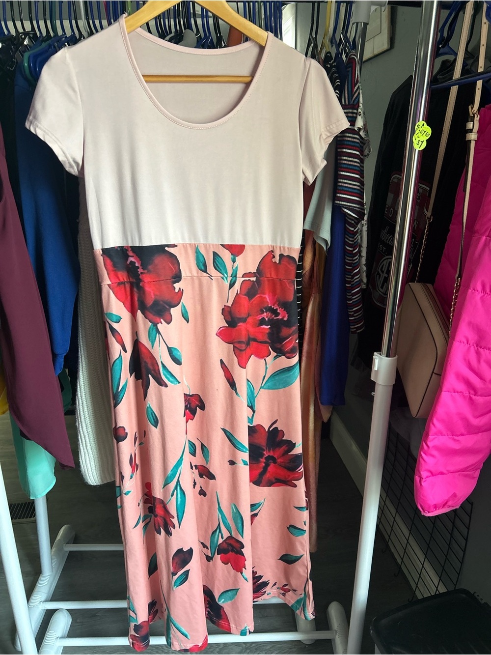 SHEIN Pink Floral Midi Dress with Red Bloom